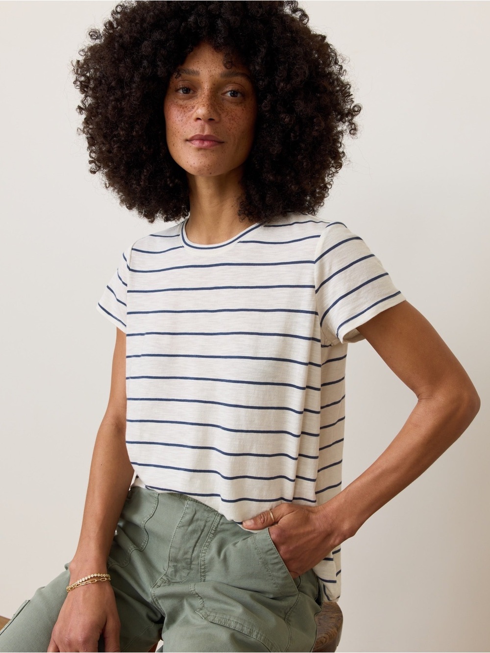 Marine Layer Cream Crewneck Tee with Navy Stripes